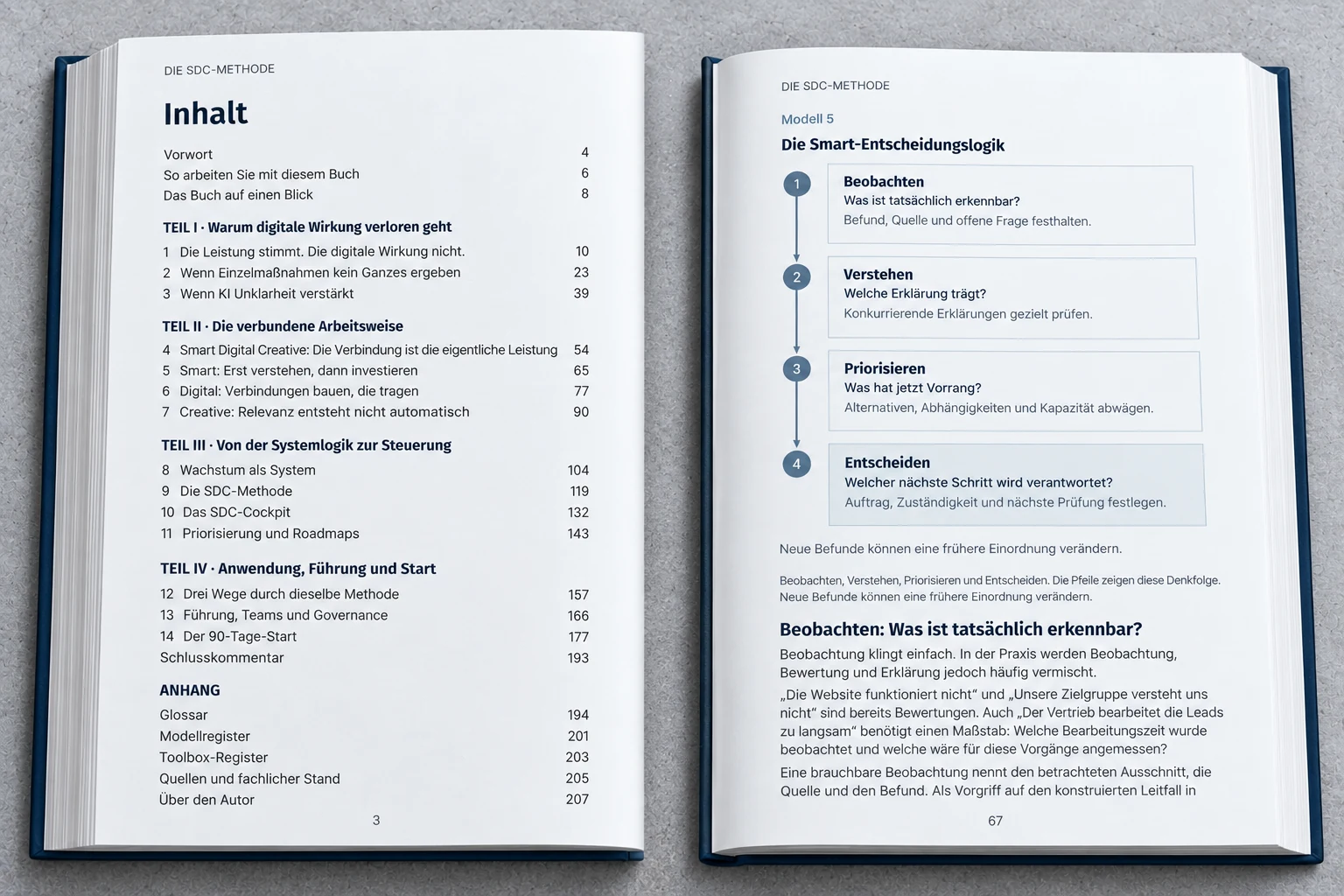 Two separate book excerpts: Table of contents on page 3 and smart decision logic on page 67.