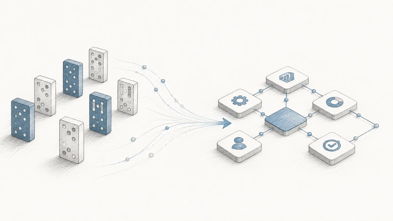 Drawn digital individual building blocks that combine to form a connected system of impact