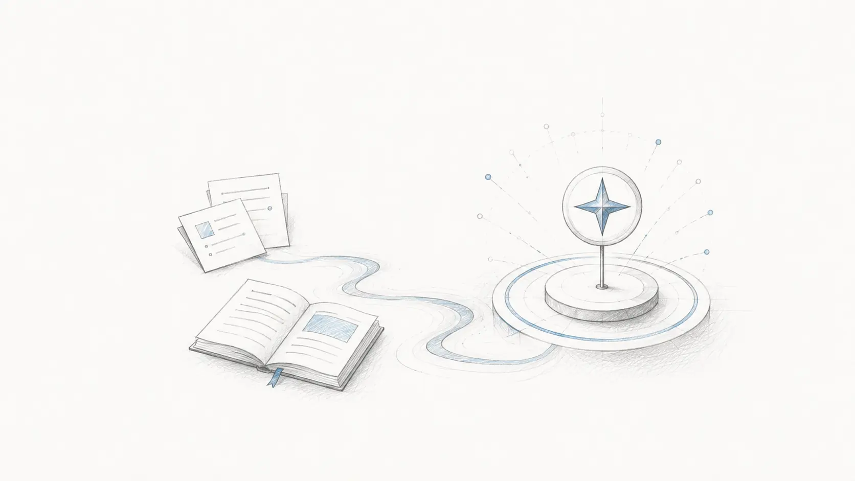 Drawn flow of knowledge to a center of insight as a symbol for content and expertise
