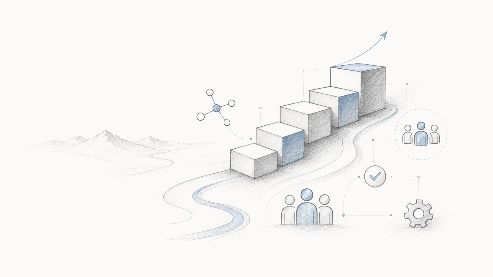 Drawn stages of development with people and processes as a symbol for organization and transformation